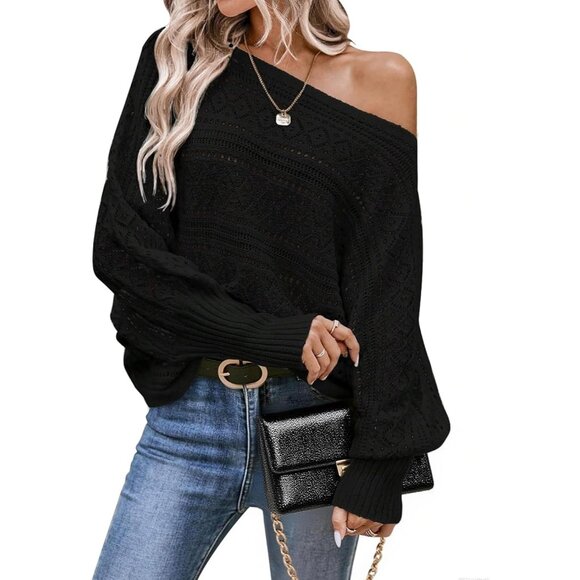 Women’s Black Off Shoulder Batwing Crochet Sweater Top, Fall Trendy - Picture 1 of 6